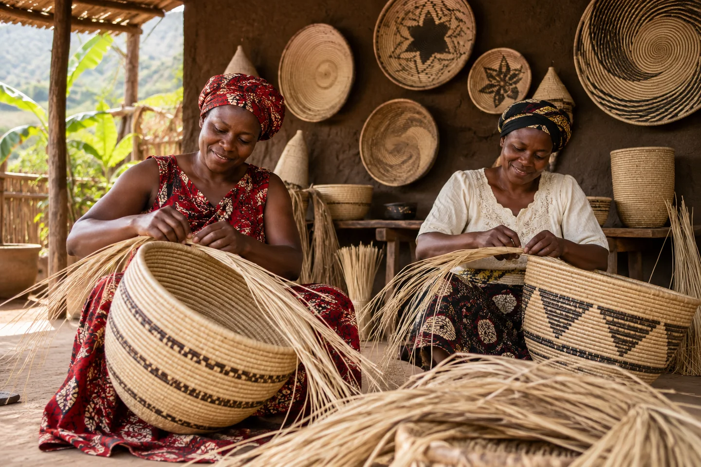 Abagore babiri baboha ibitebo by’umusaruro.